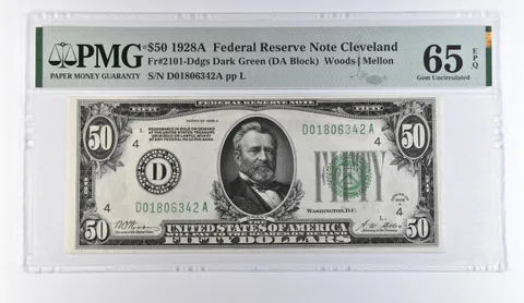 1928 A $50 Cleveland OH FRN Fr#2101-Ddges Dark Green Gem Unc 65 EPQ PMG *9389