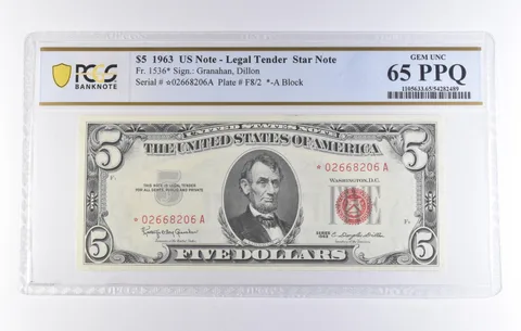 1963 $5 Legal Tender Star Note Fr#1536* Gem Unc 65 PPQ PCGS *8330