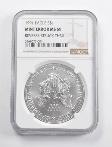 Mint Error MS69 1991 American Silver Eagle REV Struck Thru NGC *3455