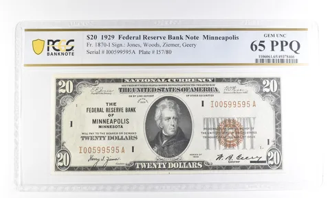 1929 $20 Minneapolis MN Federal Reserve Bank Fr#1870-I Gem Unc 65 PPQ PCGS *2526