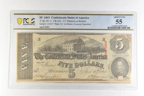 1863 $5 Confederate States America T-60 PF-4 CR-450 AU 55 PCGS *4425