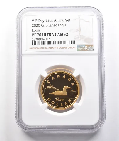 2020 Canada Silver Dollar Gilt Loon VE Day 75th Anniversary Set PF70 NGC a3793