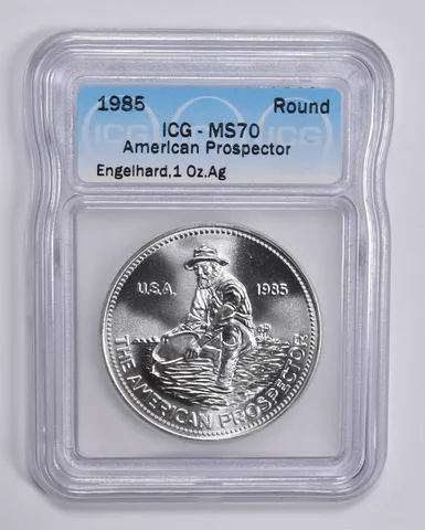 1985 Engelhard American Prospector 1 Troy Oz Silver Round MS70 ICG Graded