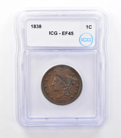 1838 Coronet Head Large Cent EF45 ICG PQ *6983