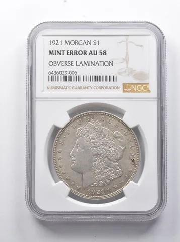MINT ERROR AU58 1921 Morgan Silver Dollar OBV Lamination NGC a7871