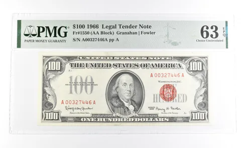 PMG 63 Choice Unc EPQ 1966 $100 Legal Tender Note Red Seal Fr#1550 a1125