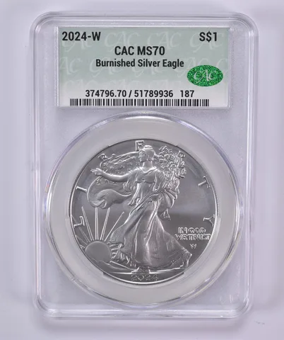 2024-W Burnished Silver Eagle MS70 CAC CACg