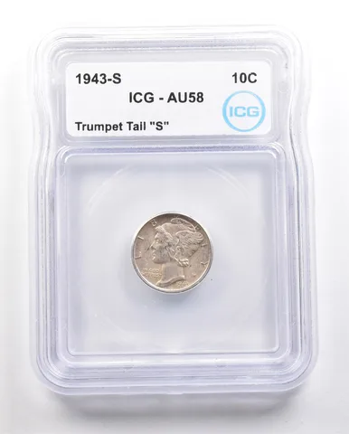 1943-S Mercury Dime Trumpet Tail "S" AU58 ICG *6397
