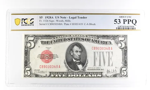 1928 A $5 US Legal Tender Fr#1526 About Unc 53 PPQ PCGS a2415