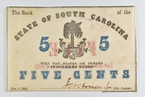 1863 5 Cents State Of South Carolina Bank Note *8462