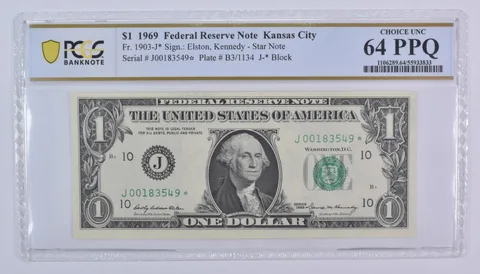 1969 $1 Kansas City MO FRN Star Note Fr#1903-J* Choice Unc 64 PPQ PCGS