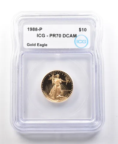 1988-P $10 American Gold Eagle 1/4 Oz 0.25 Oz Gold PR70 DCAM ICG a1101
