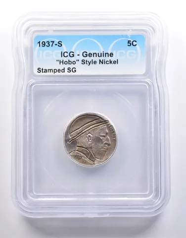 1937-S Indian Head Buffalo Nickel "Hobo" Style Stamped SG Genuine ICG a6585