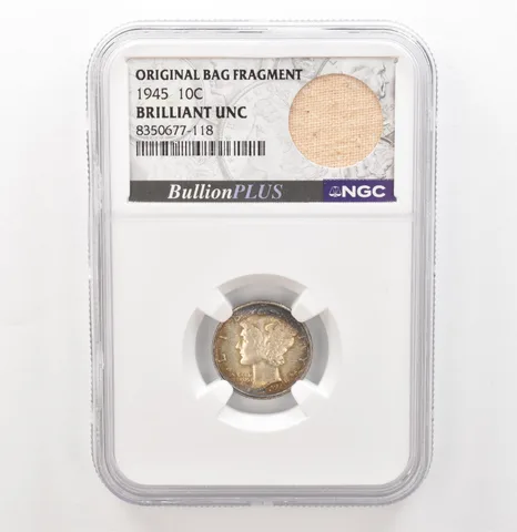 1945 Mercury Dime Original Bag Fragment BU NGC Beautiful Tone a3934