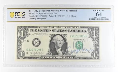 1963 B $1 Richmond VA FRN Courtesy Autograph FR#1902-E Unc 64 PCGS Barr *0630
