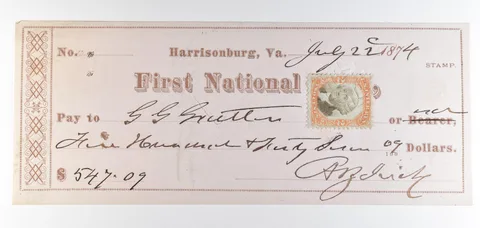 1874 Harrisonburg VA First National Bank Check $547.09 *8885