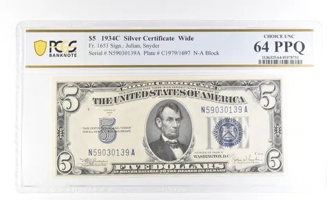 1934 C $5 Silver Certificate Wide Fr#1653 Choice Unc 64 PPQ PCGS a2781