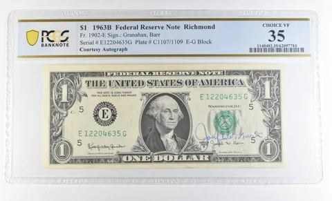 1963 B $1 Richmond VA FRN Courtesy Autograph FR#1902-E VF35 PCGS Barr *0615