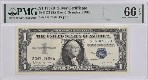 $1 1957-B Silver Certificate PMG Gem Unc 66 EPQ Fr#1621