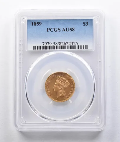 1859 $3 Indian Princess Head Gold Three Dollars AU58 PCGS *2957