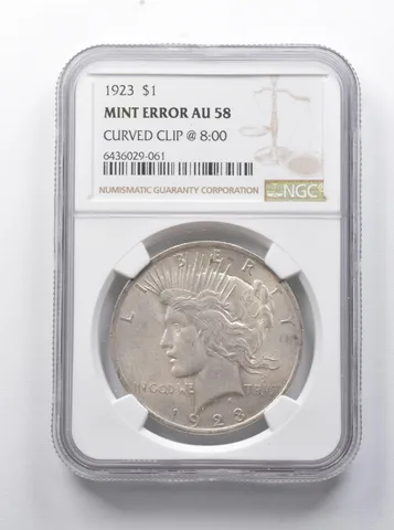 Error AU58 1923 Peace Silver Dollar Curved Clip @ 8:00 NGC *7915