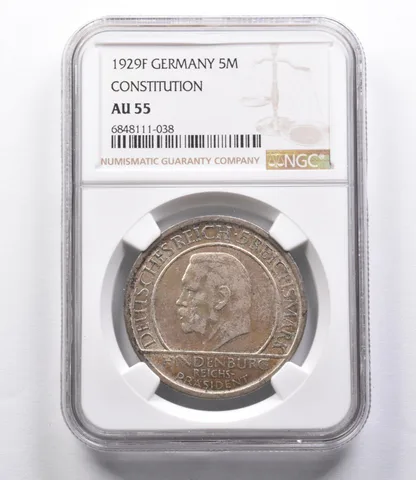 AU55 1929 F Germany 5 Marks Constitution NGC a2939