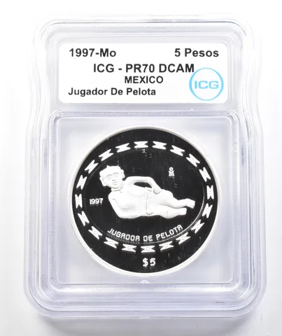 1997 Mo Mexico 5 Pesos Silver Jugador De Pelota 1 Oz PR70 DCAM ICG *9885