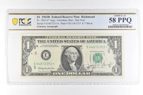 1963 B $1 VA FRN Star Note Courtesy Autograph Fr#1902-E* AU 58 PPQ PCGS *7318