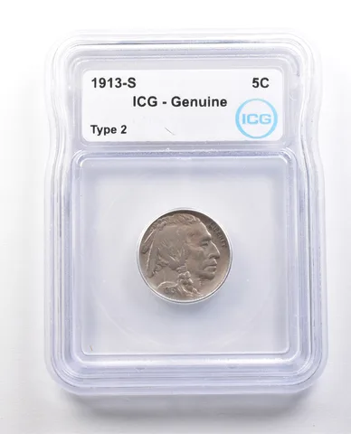 1913-S Indian Head Buffalo Nickel Type 2 Genuine ICG a1392