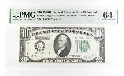 PMG 64 Unc 1928 B $10 Richmond, VA US FRN Dark Green Seal Fr#2002-Edgs a1055