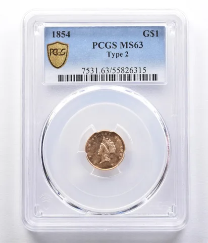 1854 $1 Indian Princess Head Gold Dollar Piece Type 2 MS63 PCGS *2331