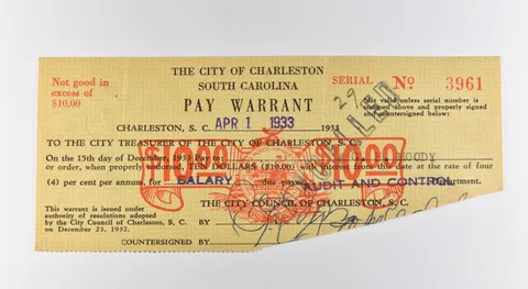 1933 $10 Charleston SC Pay Warrant Cancelled *3181