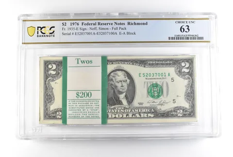 1976 $2 Richmond VA FRN Full Pack Fr#1935-E Choice Unc 63 PCGS *2508