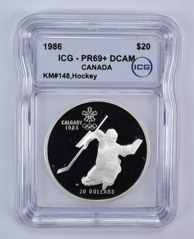 1986 Canada 20 Dollars Silver Calgary Olympics Hockey PR69+ DCAM ICG