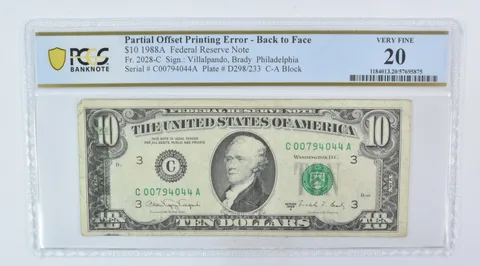 1988 A $10 Philadelphia PA FRN Partial Offset Error Fr#2028-C VF 20 PCGS *5984