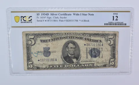 1934 D $5 Silver Certificate Wide I Star Note Fr#1654* Fine 12 PCGS *8108