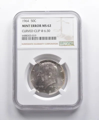 Mint Error MS62 1964 Kennedy Half Dollar Curved Clip @ 6:30 NGC *8787