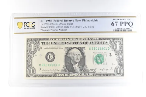 1985 $1 Philadelphia FRN Fr#1913-C Repeater Serial Superb Unc 67 PPQ PCGS *6092
