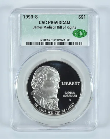 1993-S Madison Bill Of Rights Commemorative Silver Dollar PR69 DCAM CAC CACg