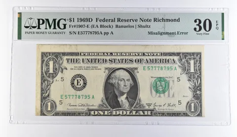 1969 D $1 Richmond VA FRN Misalign Error Fr#1907 VF 30 EPQ PMG *9498