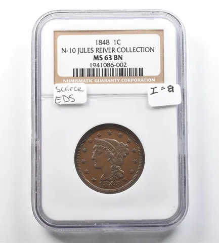 1848 Braided Hair Large Cent N-10 Jules Reiver MS63 BN NGC Scarce EDS I=8 *3463