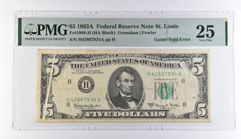 1963 A St Louis MO FRN Gutter Fold Error Fr#1968-H VF 25 PMG *9448
