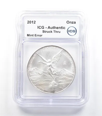 2012 Mo Mexico 1 Onza Silver Libertad Mint Error Struck Thru Authentic ICG *5054
