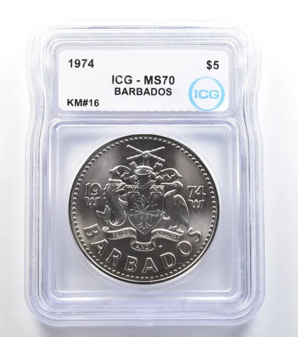 1974 Barbados 5 Dollars Silver KM#16 MS70 ICG a8005