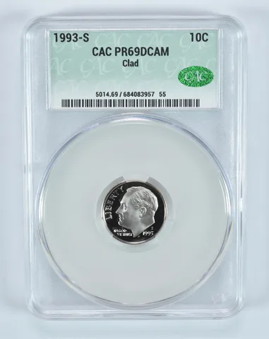 1993-S Roosevelt Dime CLAD PR69 DCAM CAC CACg