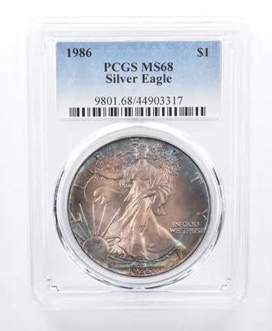 1986 American Silver Eagle MS68 PCGS Purple/Blue Tone *8669