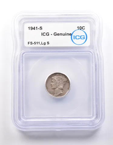 1941-S Mercury Dime FS-511 Large S Genuine ICG *9864