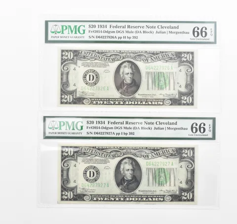Lot (2) PMG 66 EPQ 1934 $20 FRN Consecutive Notes Fr#2054-Ddgsm *1150