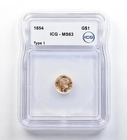 1854 $1 Liberty Head Gold Dollar Piece Type 1 MS63 ICG *0386