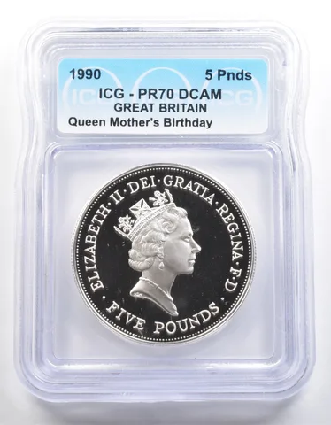 1990 Great Britain 5 Pounds Queen Mother's Birthday PR70 DCAM ICG *4015